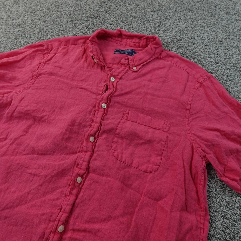 Vineyard Vines Shirt Mens L Pink Linen Chamnbray Short Sleeve Button Up Casual